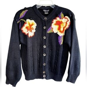 Vintage Cardigan Sweater Floral Bobbled Cable Knit Shoulder Pads Navy Cotton Y2K